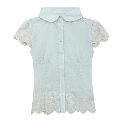 "Garden Departure" Green Waist-Defined Peter Pan Collar Blouse