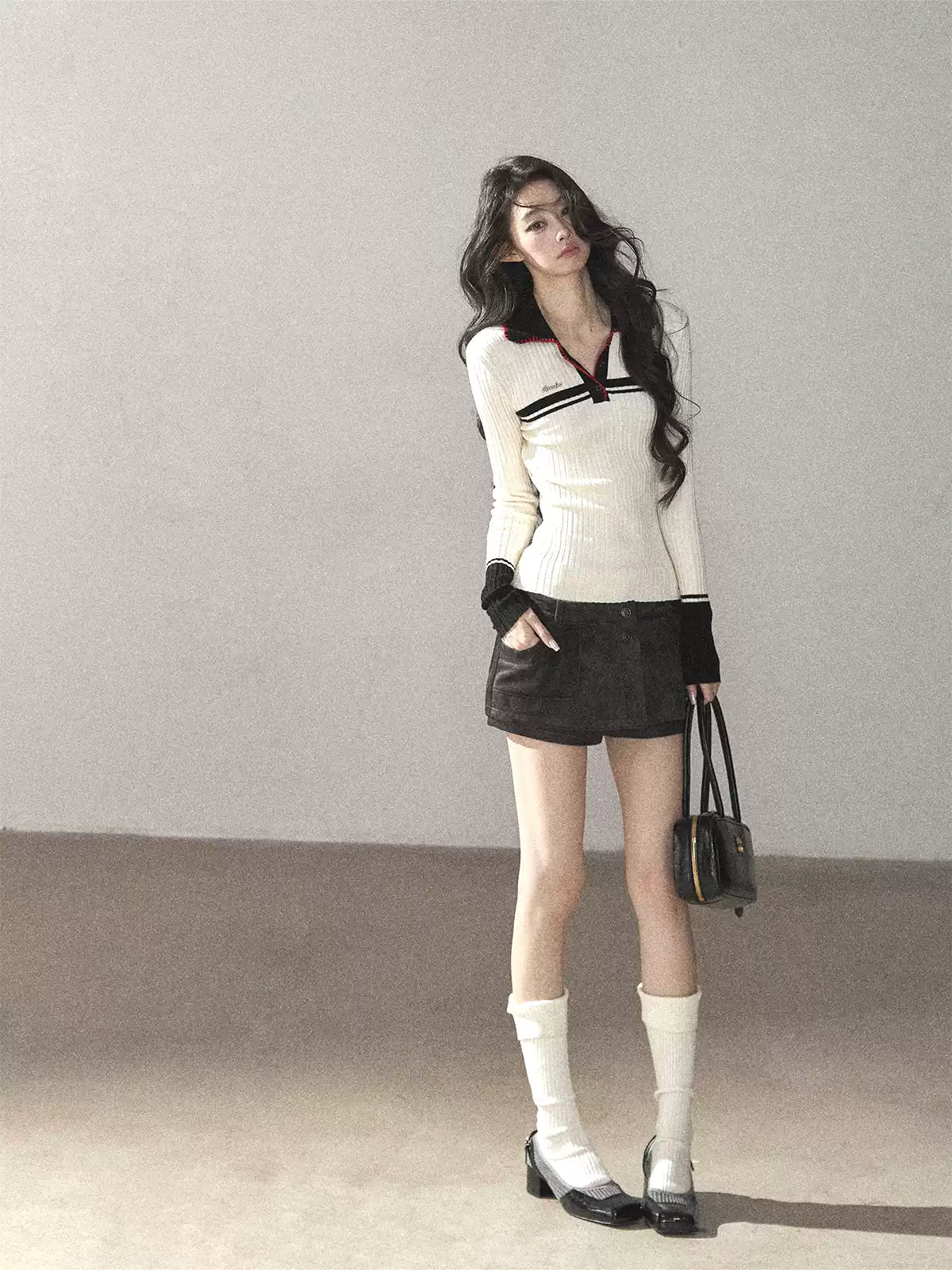 AOMALM - "Soft Moonlight" Cream Almond White American Long-Sleeve Polo Knit Top