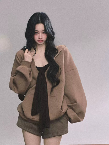 少也眼 Three-Piece Casual Hoodie Set – Loungewear Outfit in Khaki
