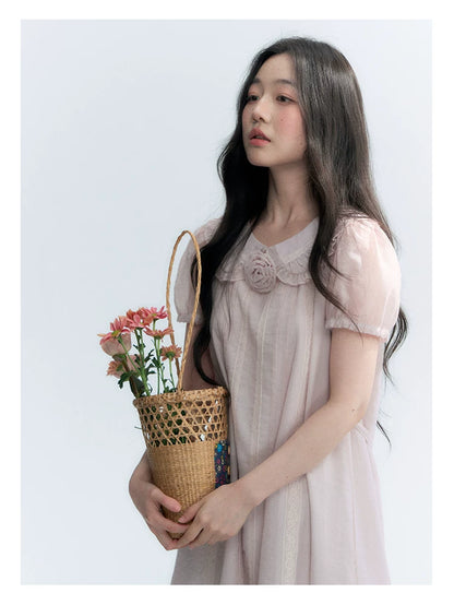 "Misty Wild Rose" Detachable Rose Lace Trim Puff Sleeve Midi Dress
