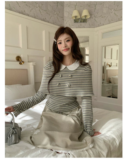 “Misty Sonata” Grey Layered Stripe Knit Top