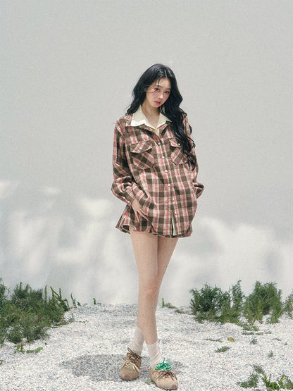 “Café Daydream” British Plaid Shirt & Mini Skirt Set