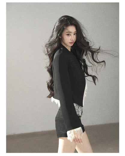 AOMALM - Black Lace Trim Cropped Jacket & Shorts Set