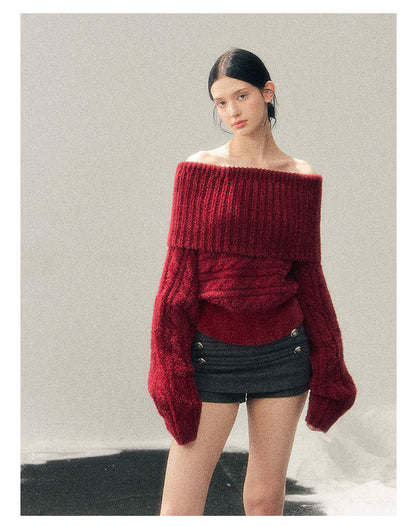 少也眼 "Crimson Glow on the Shoulders" Off-Shoulder Cable Knit Cropped Sweater