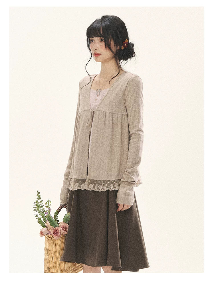 "Roasted Tea Heart" Milk Tea Faux-Layer Lace Cardigan & Skirt Set