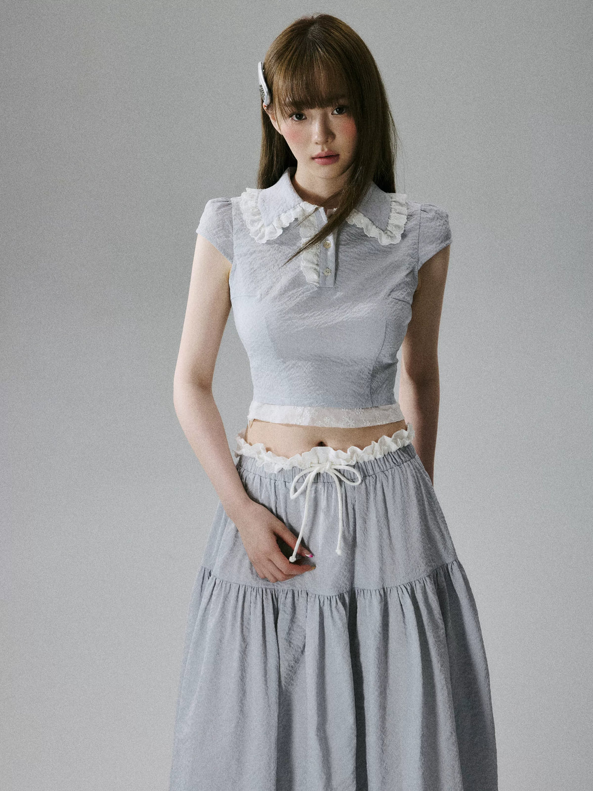 LOST FOREST - Gray Blue Fitted Top & Low-Waist Skirt Set