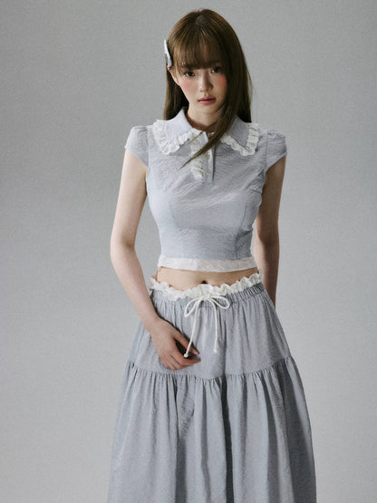 LOST FOREST - Gray Blue Fitted Top & Low-Waist Skirt Set