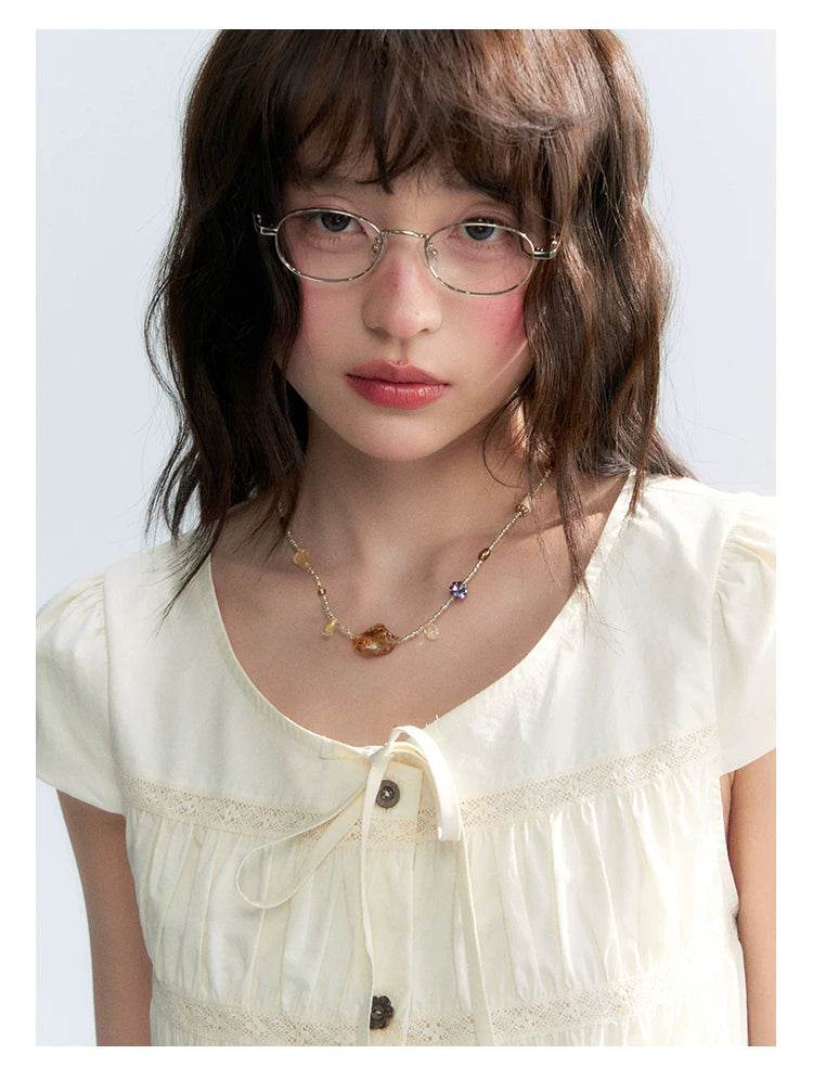 "Vintage Ribbon" Beige Bow Tie Lace Trim Blouse