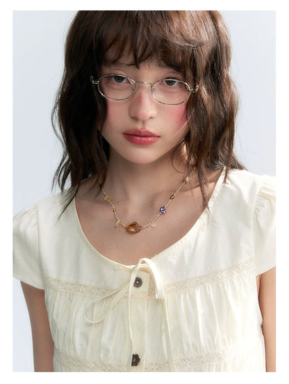 "Vintage Ribbon" Beige Bow Tie Lace Trim Blouse