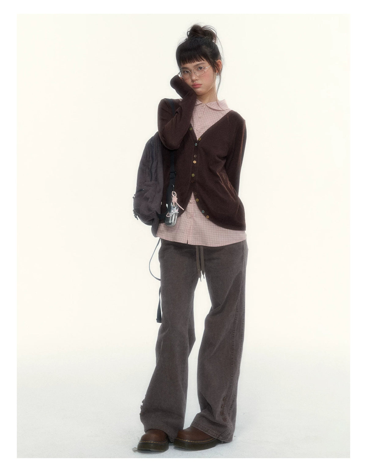 “Chestnut Book Knit” Red Brown Faux-Layered Colorful Button Cardigan
