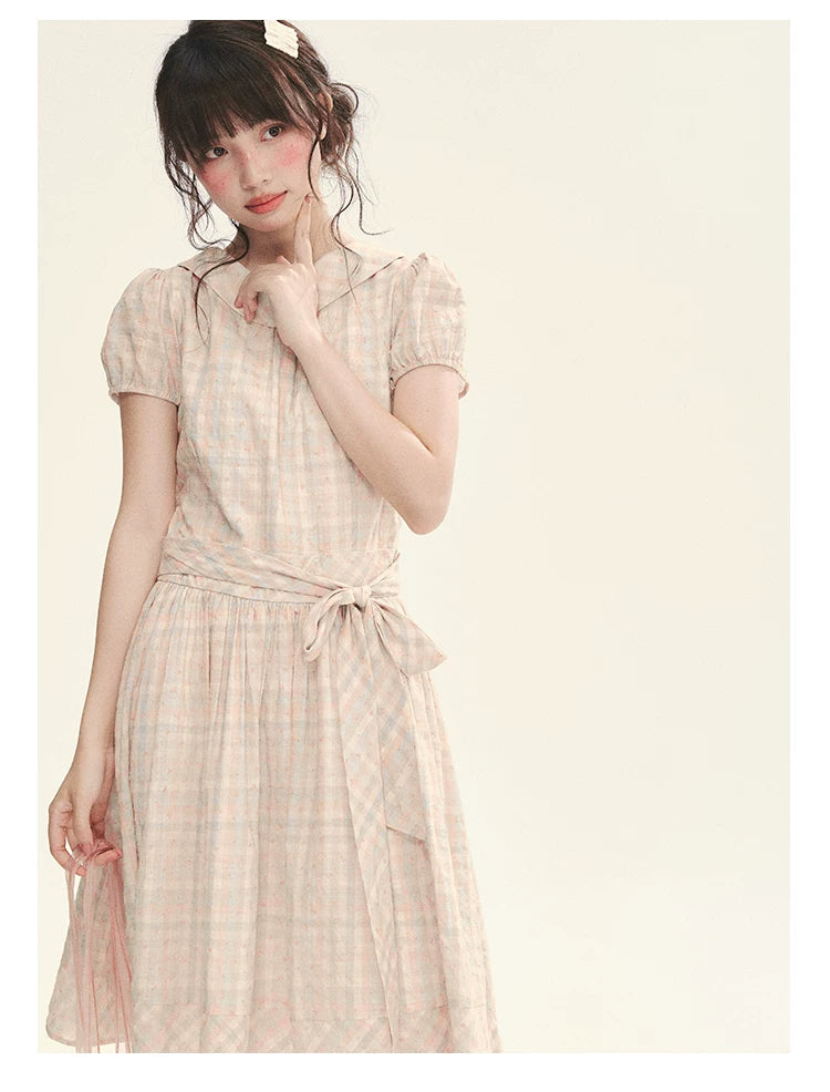 "Showa Girl" Vintage Plaid Floral Print Peter Pan Collar Bow Waist-Defined A-Line Dress