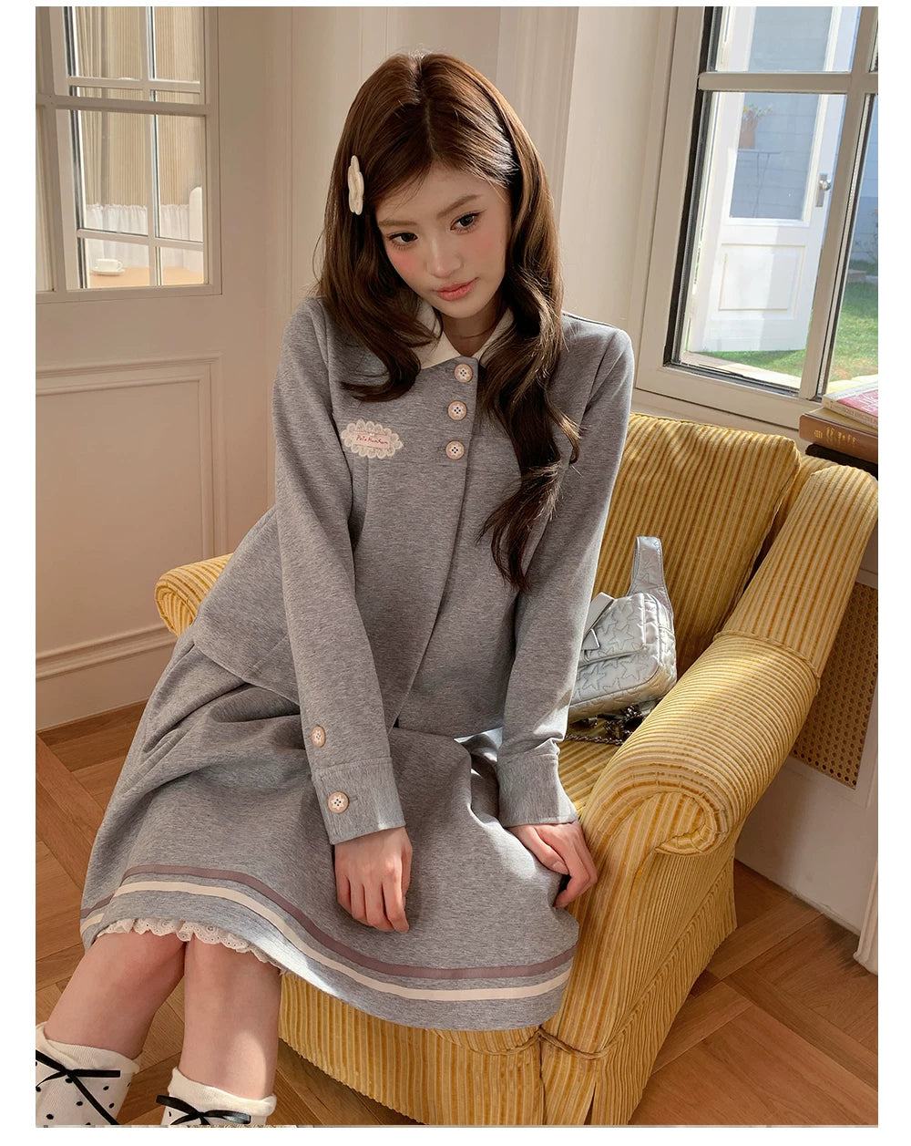 “Misty Academy Reverie” Light Grey Cropped Top & Bubble Mini Skirt