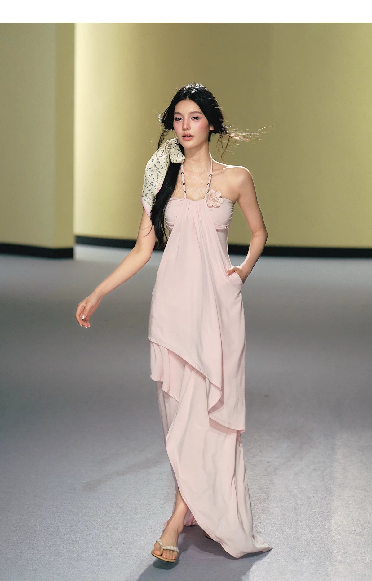 "Moonlit Reverie" Halter Layered Maxi Dress (Black/ Blush Pink)
