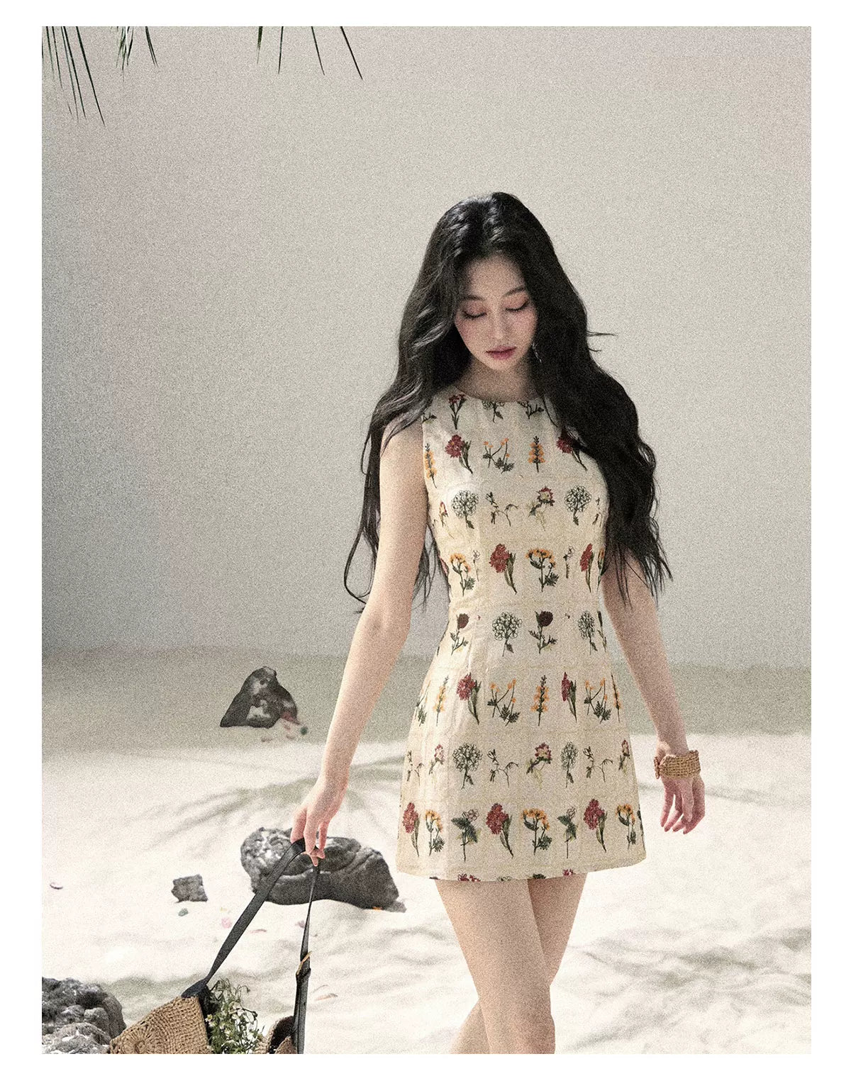 "Wildflower Daydream" Dutch Cream Embroidered Mini Dress - Sleeveless 45684