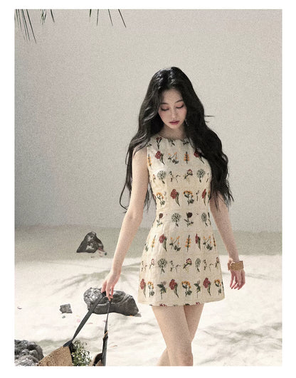 "Wildflower Daydream" Dutch Cream Embroidered Mini Dress - Sleeveless 45684