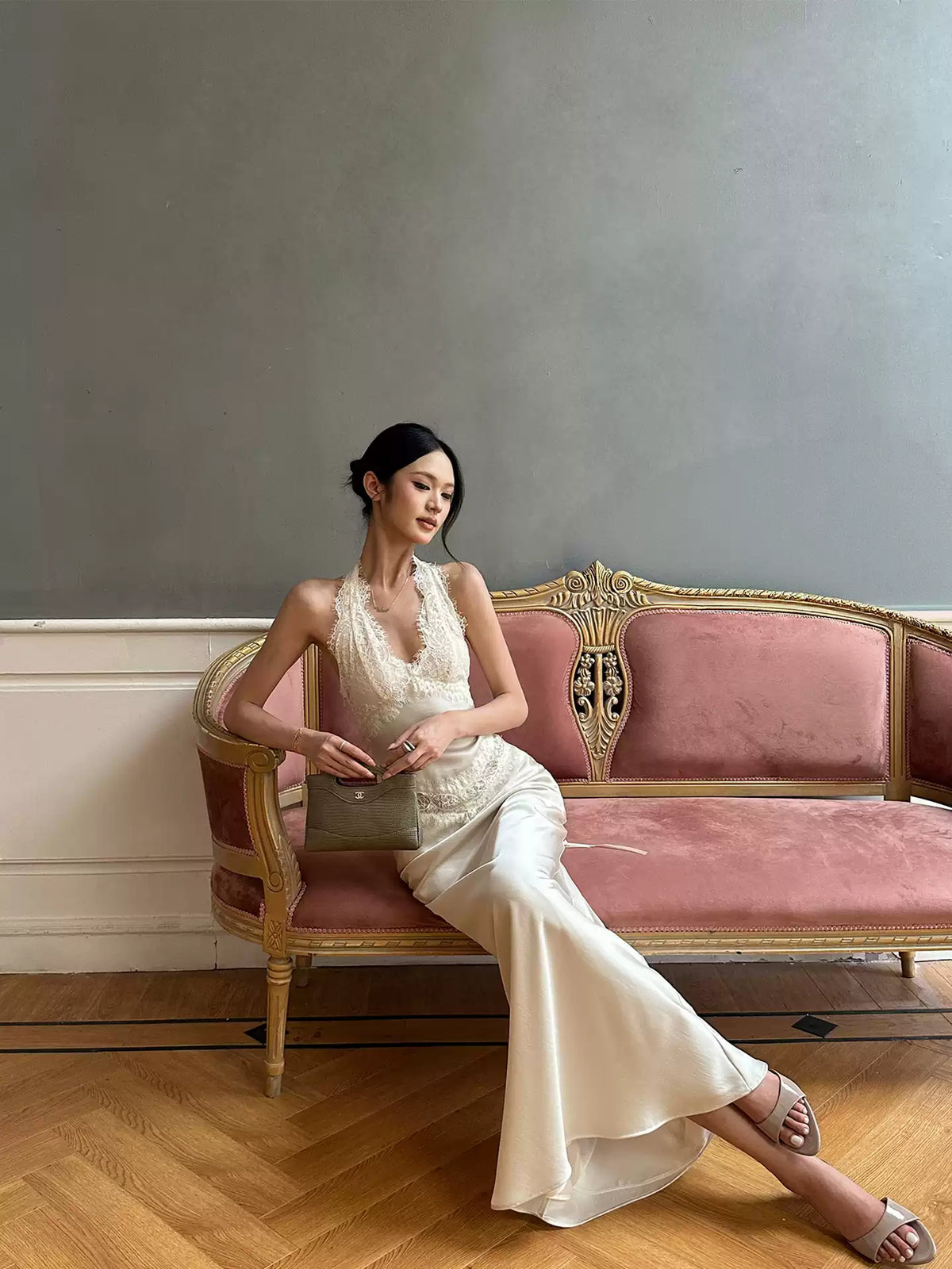 VENUIE - Champagne Satin Lace-Trim Halter Mermaid Maxi Dress