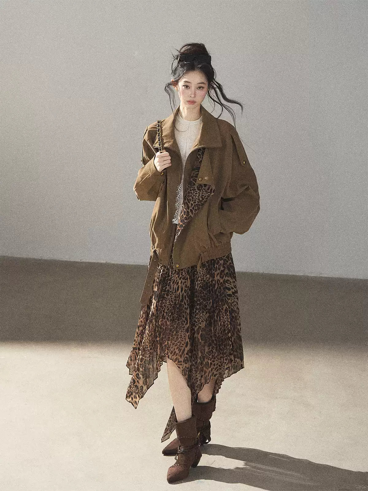 AOMALM - “Acorn & Fallen Leaves” Korean Leopard Print Chestnut Brown Faux Suede Jacket