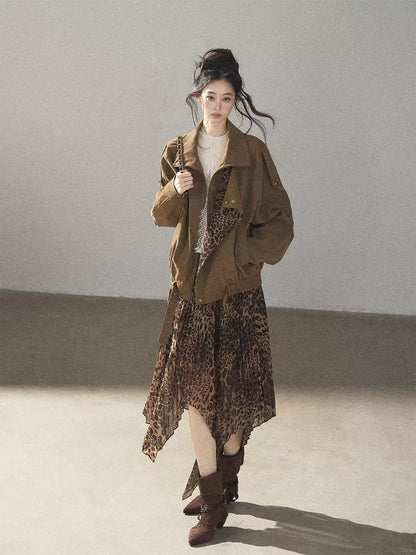 AOMALM - “Acorn & Fallen Leaves” Korean Leopard Print Chestnut Brown Faux Suede Jacket