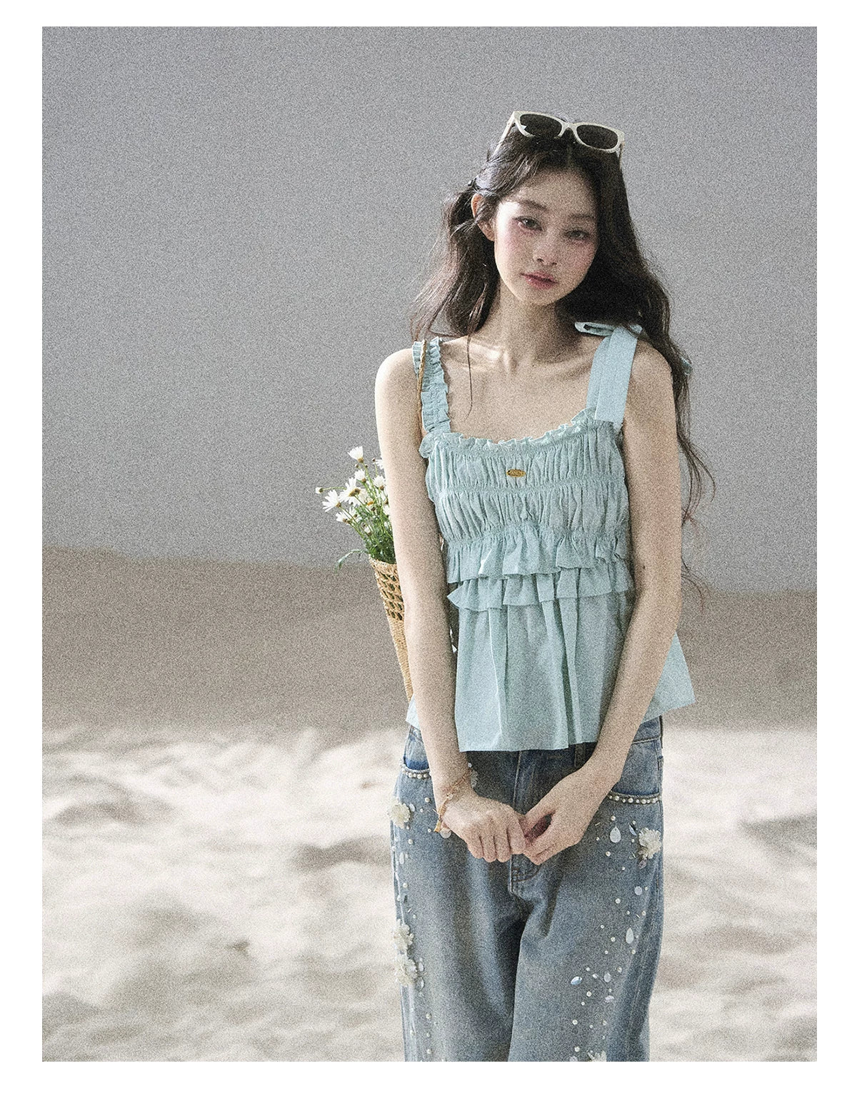 "Gentle Whisper" Glacier Blue Ruffle Peplum Cotton Top