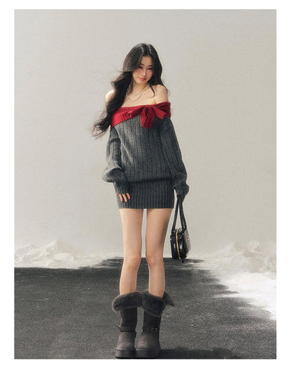 少也眼 "Snowbound Memories" Off-Shoulder Color-Block Knit Mini Dress