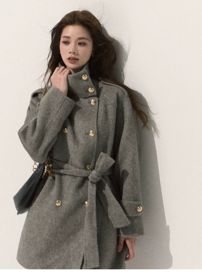 OAKMOO/ Pure Wool Belted Double-Faced Stand Collar Coat (Silver Blue / Flint Gray)