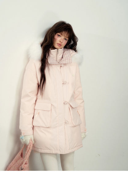 SunsetPark - Blush Pink & Plaid 90% White Duck Down Puffer Jacket (Short / Long / Navy / Glacier Blue)