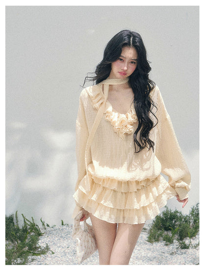 少也眼 “Evening Breeze Skirt” Milkshake Yellow Tiered Chiffon Mini Dress with Scarf Tie & Shorts 534583