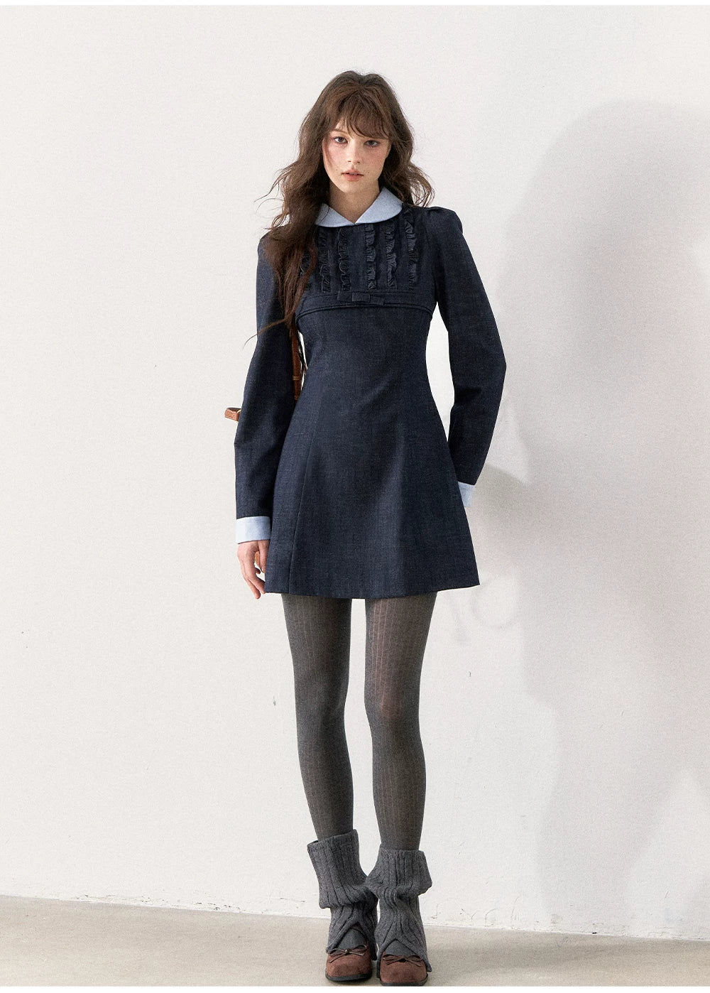 [TMMG] French Vintage Deep Navy Faux Two-Piece Ruffle Dress