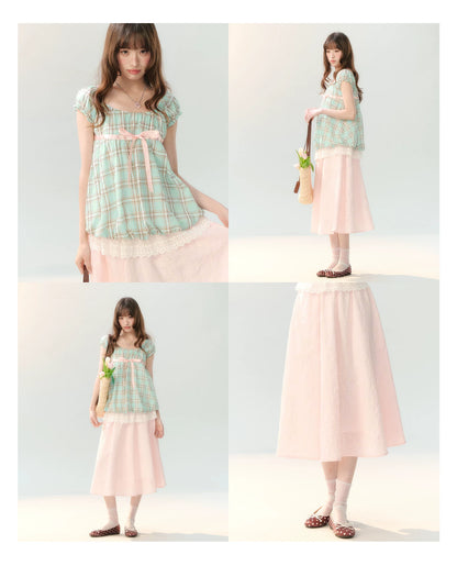 "Mint Peach Whisper" Mint Green Plaid Embroidered Skirt Set LL2026196
