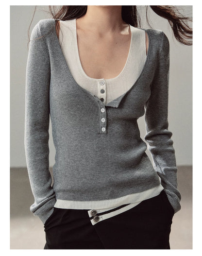 AOMALM - Korean U-Neck Faux Layered Knit Top
