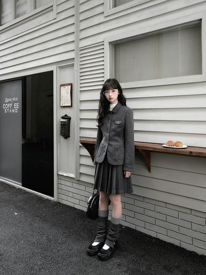 "Grey Finch" Gray Korean Preppy Suit Collection (Blazer / T-Shirt / Box Pleated Skirt)