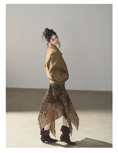 AOMALM - “Cocoa Leopard” Pleated Asymmetric Midi Skirt