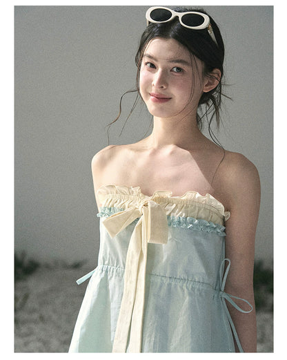 “Blue Whispers on Ivory” Mint Ruffle Bustier Top