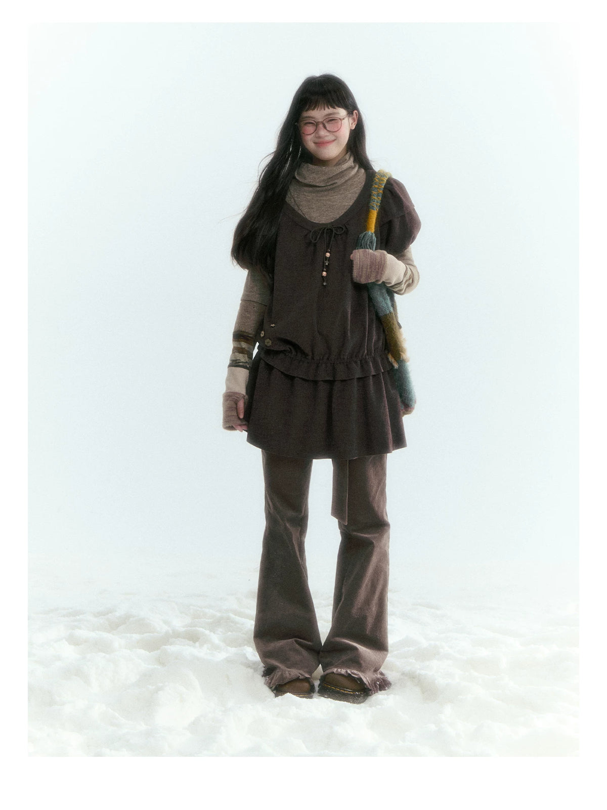 Horridale - Milk Tea Brown Floral Belt Corduroy Flare Pants