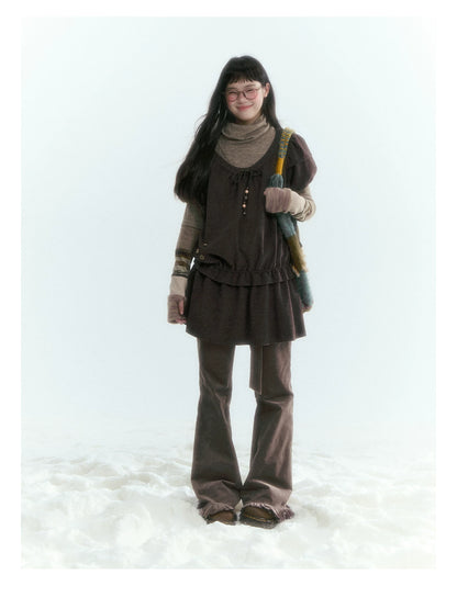 Horridale - Milk Tea Brown Floral Belt Corduroy Flare Pants