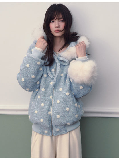 Soote Season - Pastel Blue Polka Dot Wool-Blend Hooded Varsity Jacket with Bow Detail