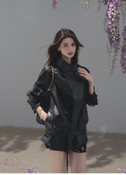 OAKMOO/ Belted Double-Breasted Trench Jacket (Deep Black / Hazel Khaki)