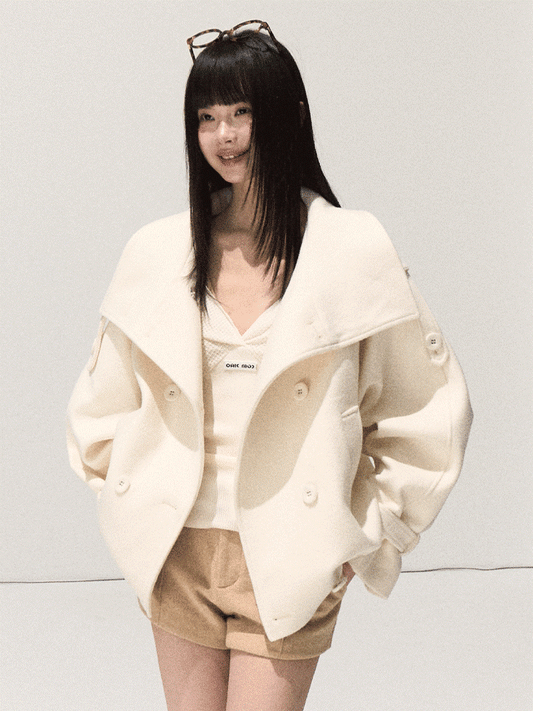 OAKMOO/ Sand Beige Wool Stand-Collar Short Coat