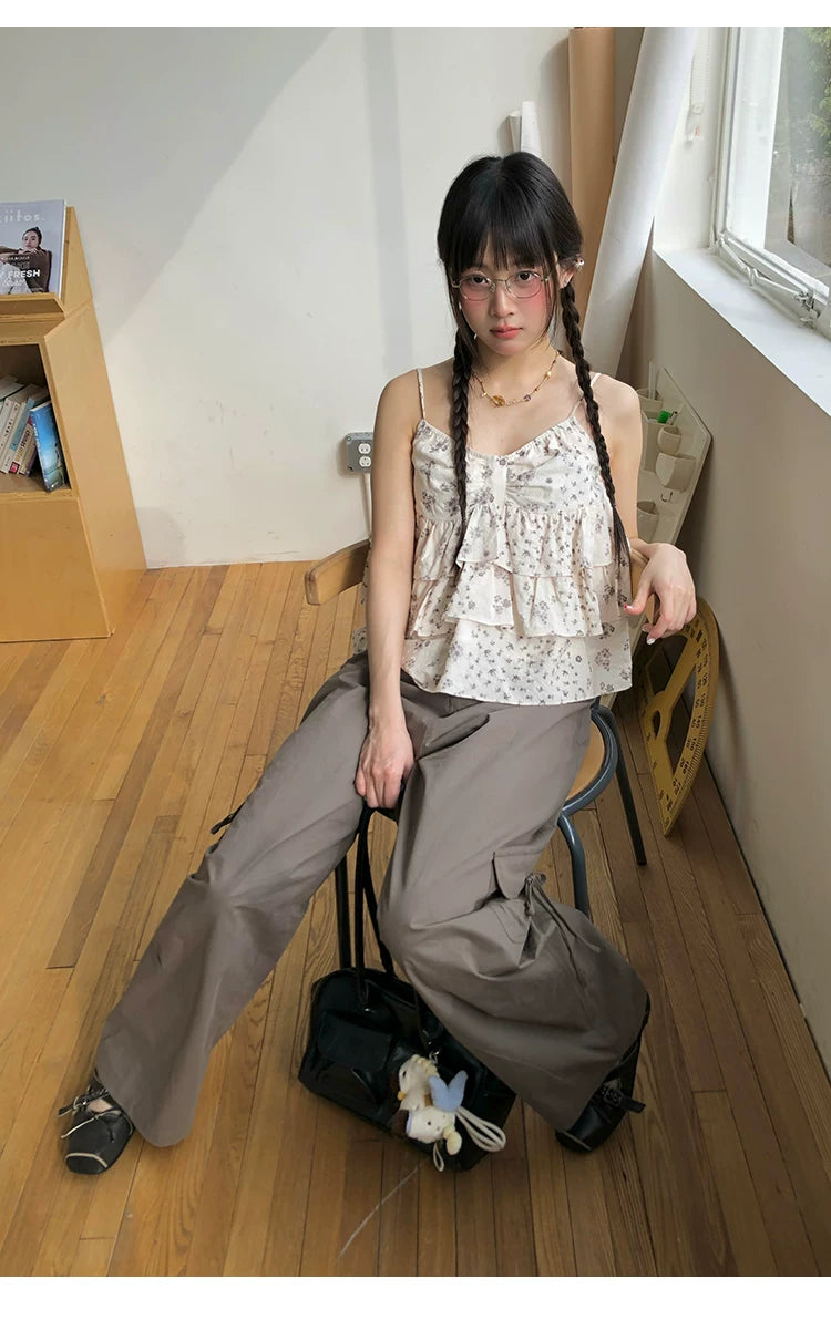 "Among the Blossoms" Soft Gray Floral Cotton Ruffle Cami Top