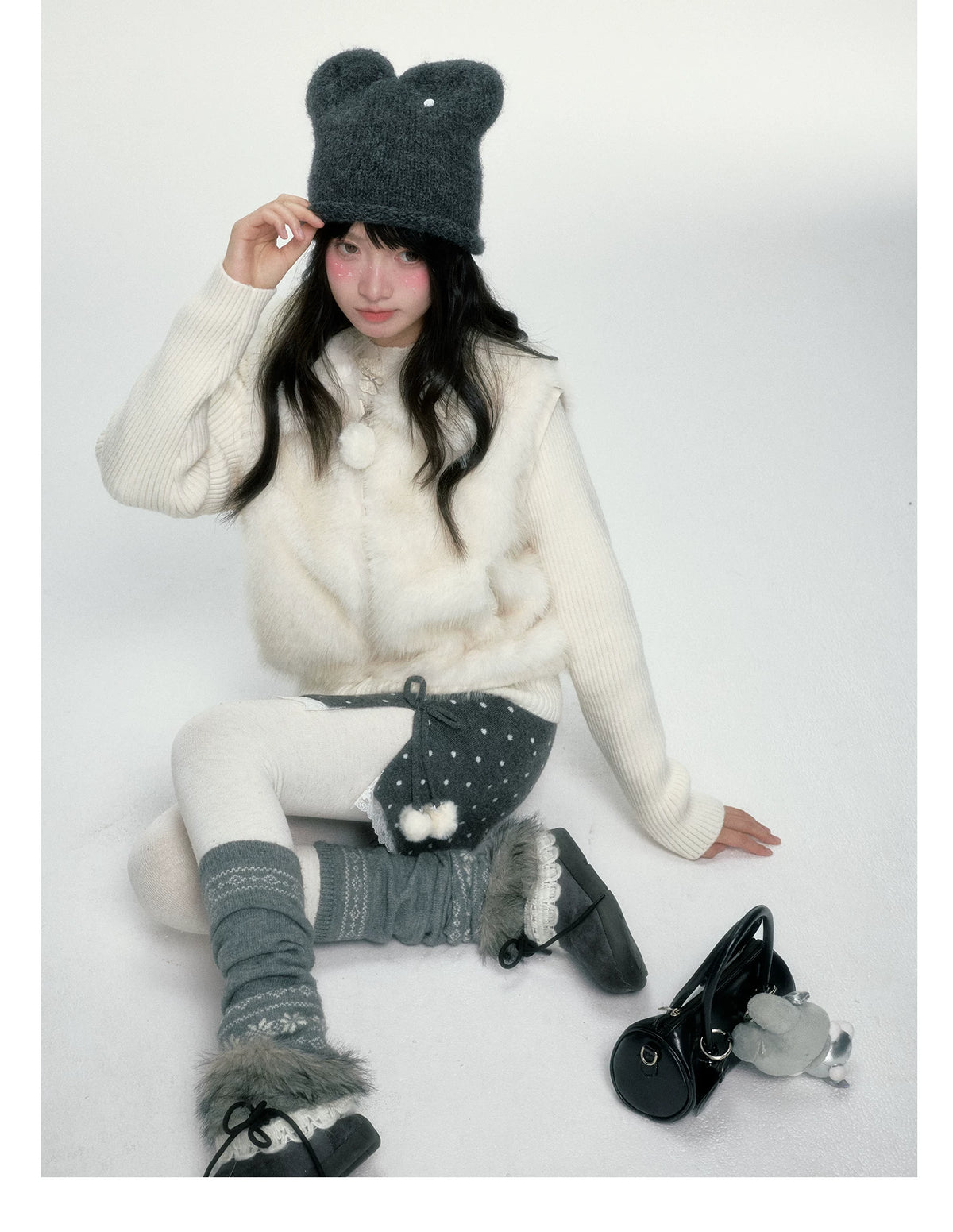 BIBIBENCY - Ivory Faux Fur Vest with Knit Sleeves