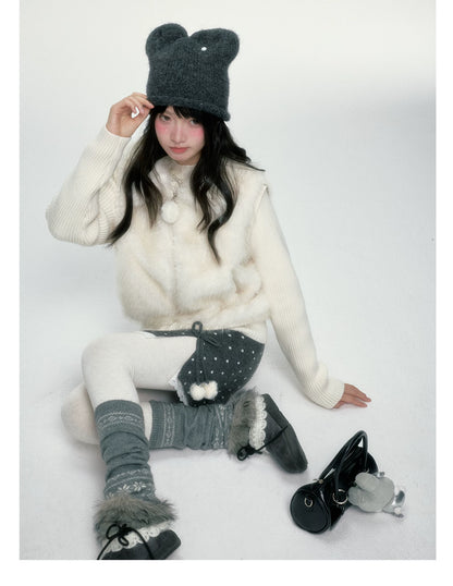 BIBIBENCY - Ivory Faux Fur Vest with Knit Sleeves