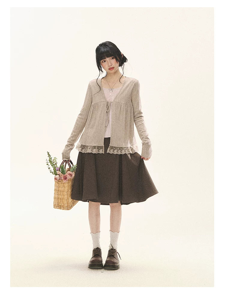 "Roasted Tea Heart" Milk Tea Faux-Layer Lace Cardigan & Skirt Set