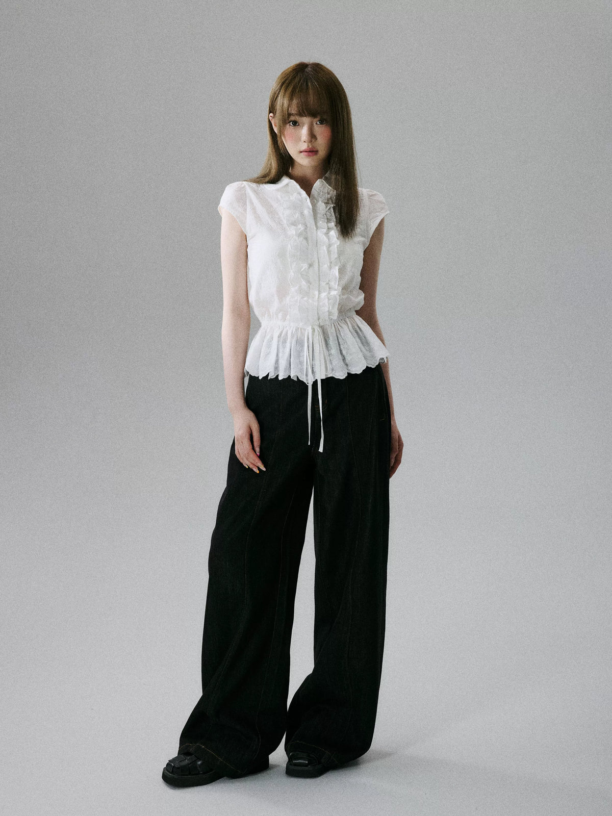 LOST FOREST - White Embroidered Ruffle Sleeve Cotton Blouse