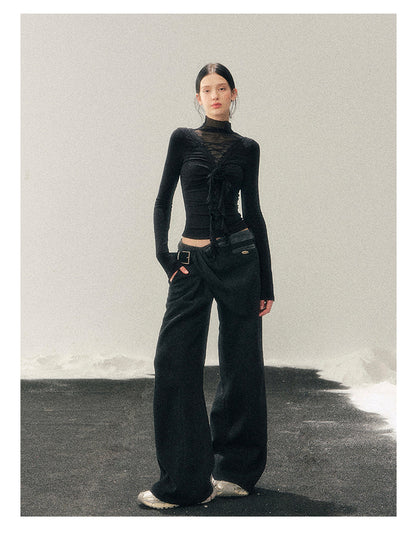 少也眼 “Vanishing Curve” Sheer Lace Turtleneck Base Top - Black