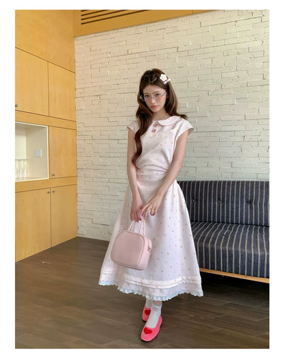 “Rose Milk Reverie” Pink Doll Collar A-Line Dress