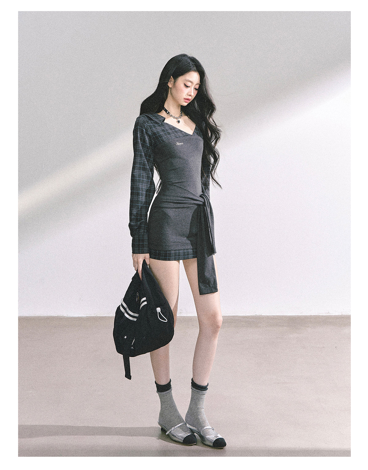 少也眼 “Campus Rebel" Checkered Bodycon Mini Dress - Gray 514354