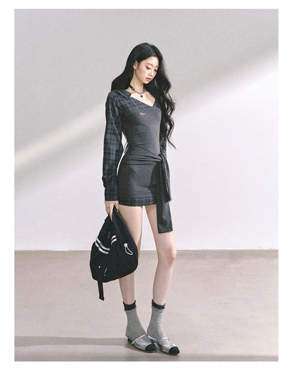少也眼 “Campus Rebel" Checkered Bodycon Mini Dress - Gray 514354