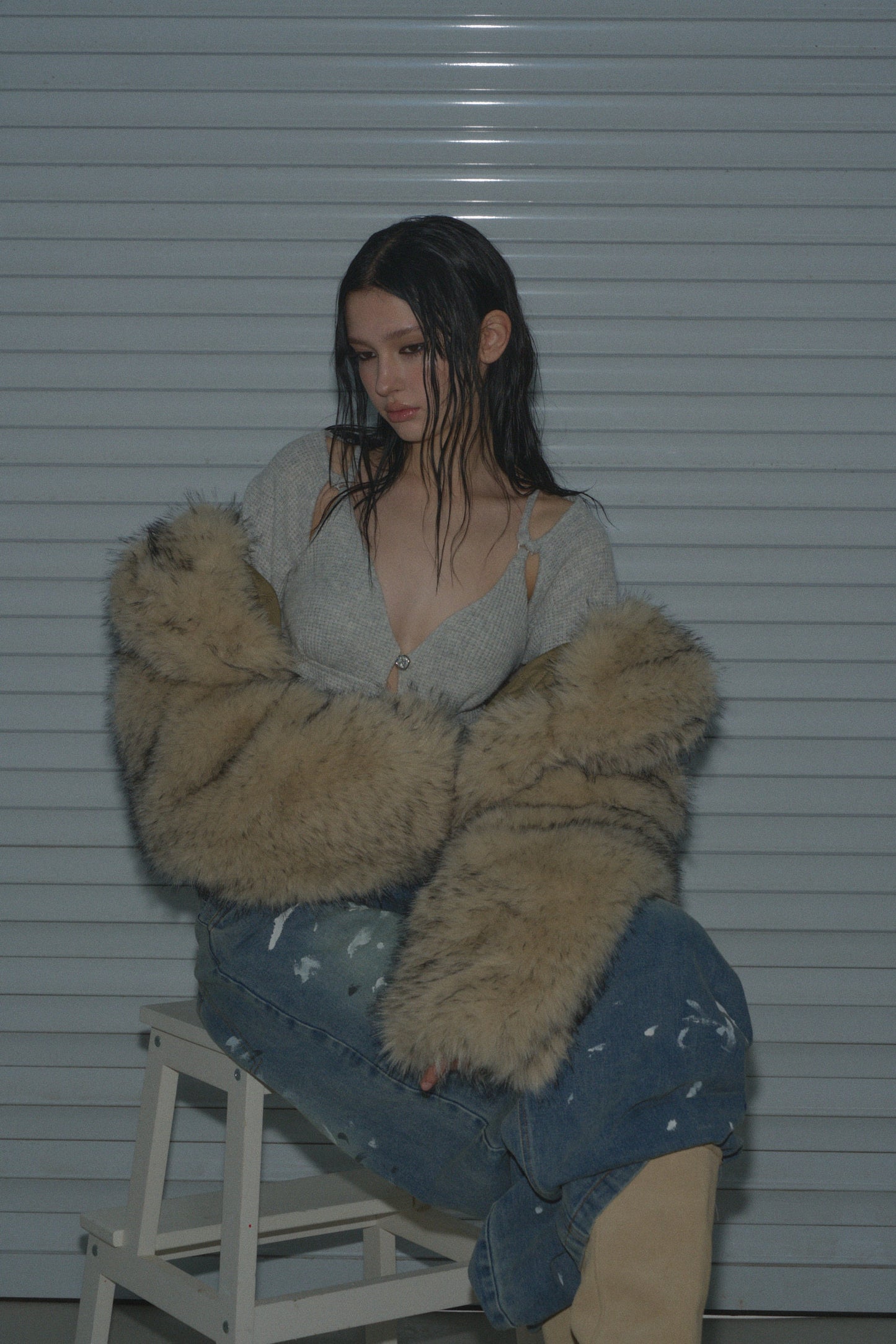Muirgen - Y2K Tipped Faux Camel Hair Shawl Cropped Jacket