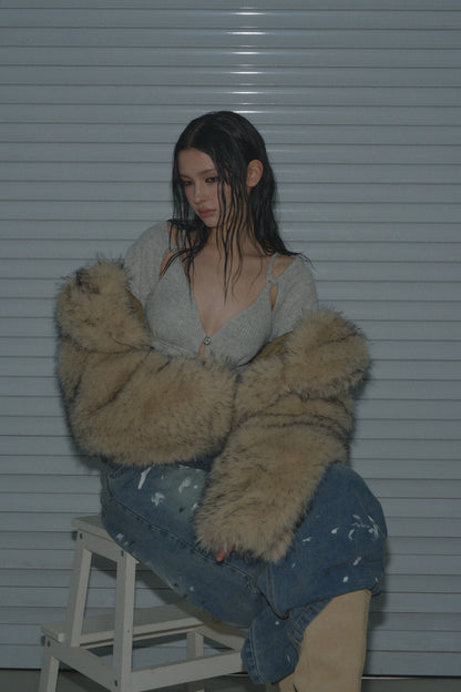 Muirgen - Y2K Tipped Faux Camel Hair Shawl Cropped Jacket