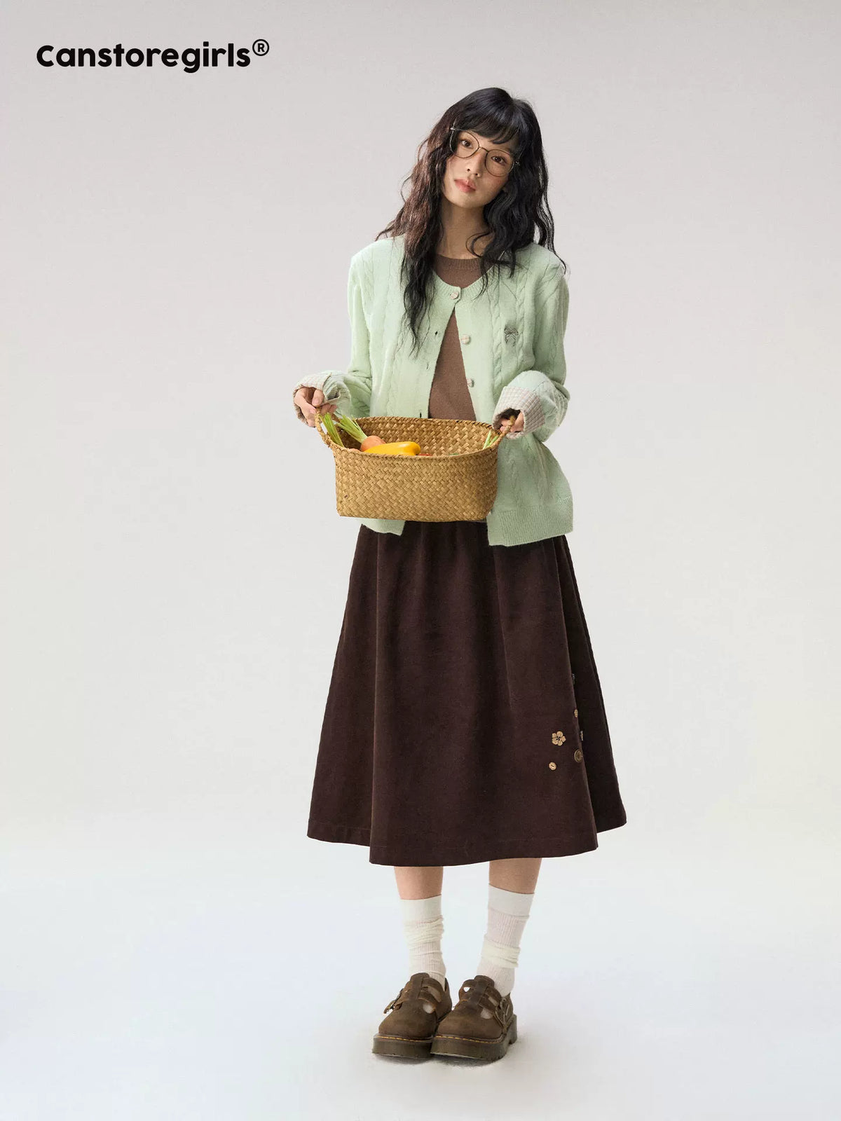 [CAN] "Autumn Letter" Bow Embroidered Faux-Layered Cable Knit Cardigan (Pink & White / Sage Green & Brown)